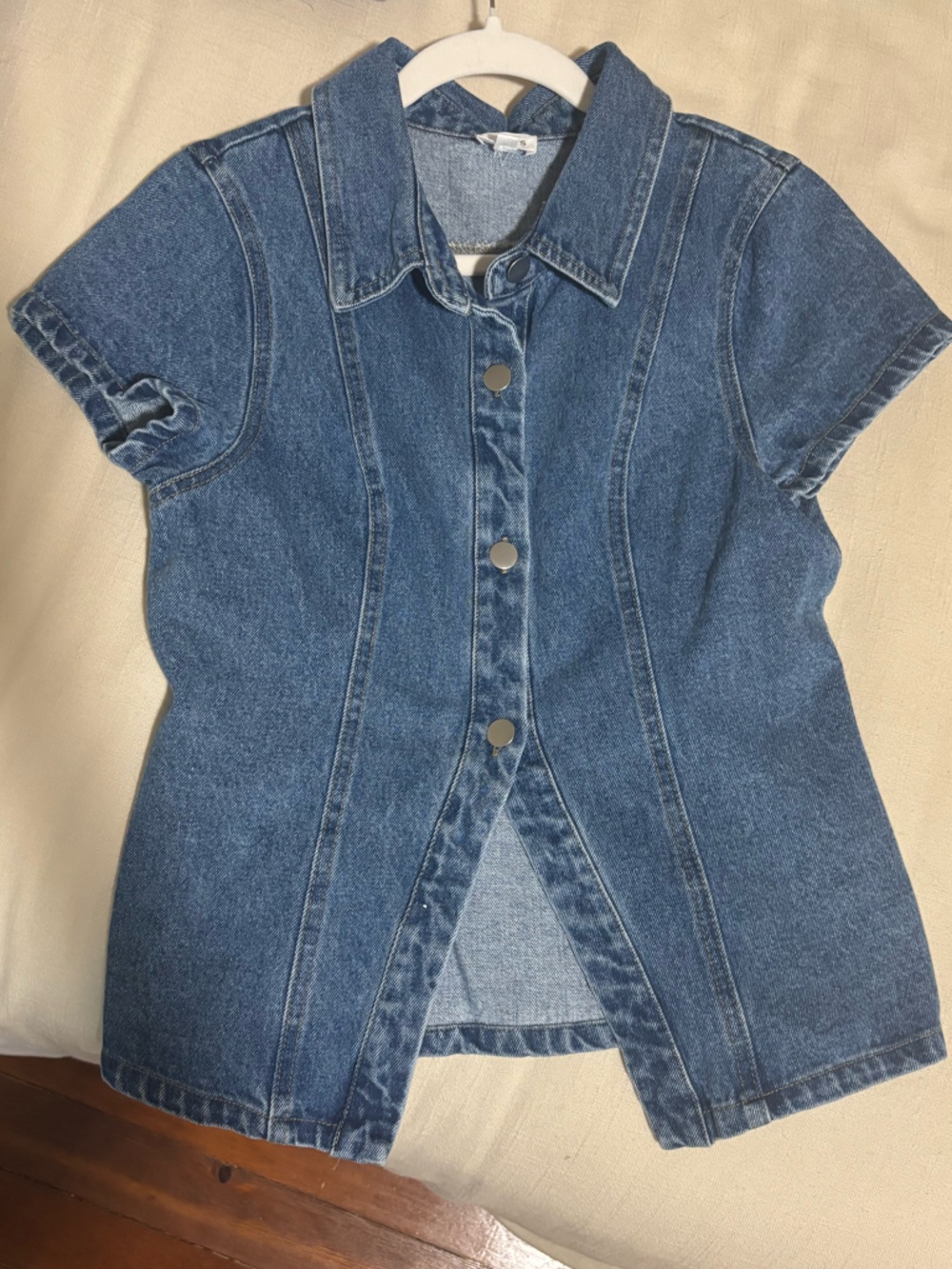 Denim Button-Front Short Sleeve Top